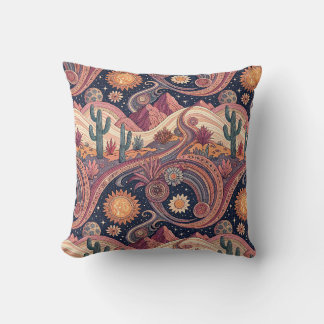 Retro Psychedelic Desert Cactus Sunset Painting Throw Pillow