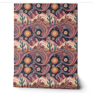 Retro Psychedelic Desert Cactus Sunset Painting Wallpaper