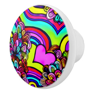 Retro Psychedelic Flowers Heart Colourful  Ceramic Knob