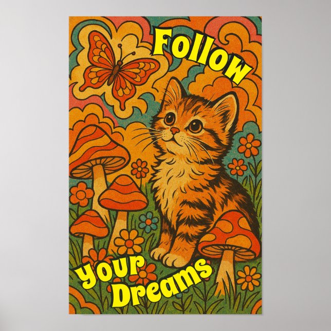 Retro Psychedelic Kitten Watching Butterfly Poster (Front)