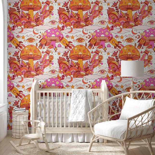 Retro Psychedelic Mushroom Fantasy Wallpaper (Kids)
