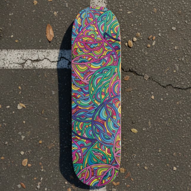 Retro Psychedelic Neon Swirl Doodle Pattern Skateboard (Creator Uploaded)