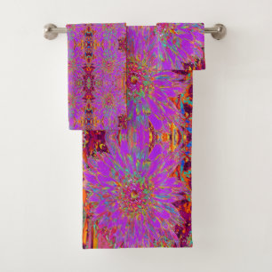 Retro Psychedelic Purple and Orange Dahlia Flower Bath Towel Set