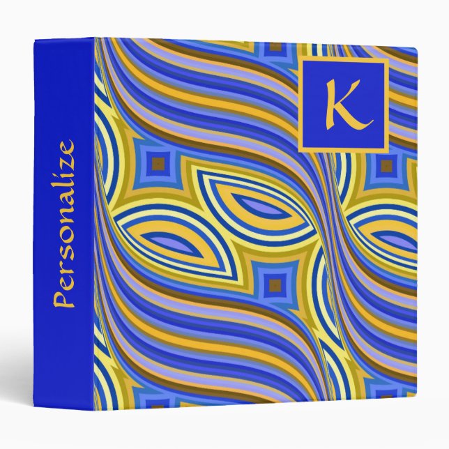 Retro Psychedelic Swirl Blue Yellow Monogram Binder (Front/Spine)