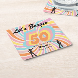 Retro Psycho Boogie Colorful Men's 50th birthday Square Paper Coaster