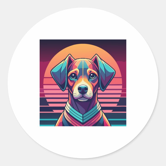 Retro Pulse Pup 80s Sunset Vibes Classic Round Sticker (Front)