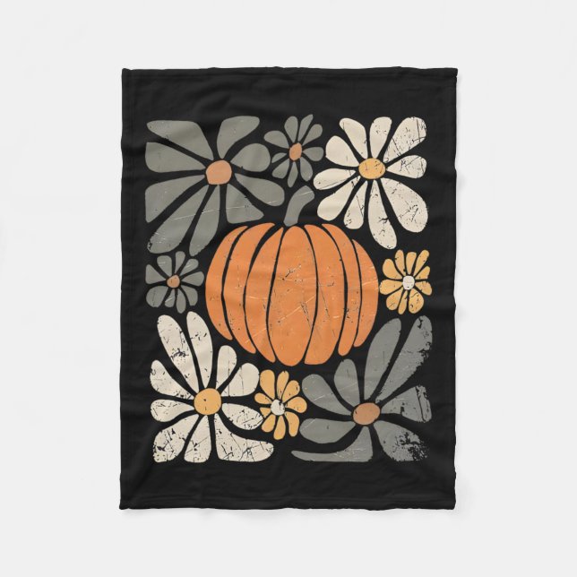Retro Pumpkin Boho Flowers Fall Autumn Thanksgivin Fleece Blanket (Front)