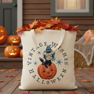 Retro Pumpkin Kitty Vintage Halloween Wishes Tote Bag