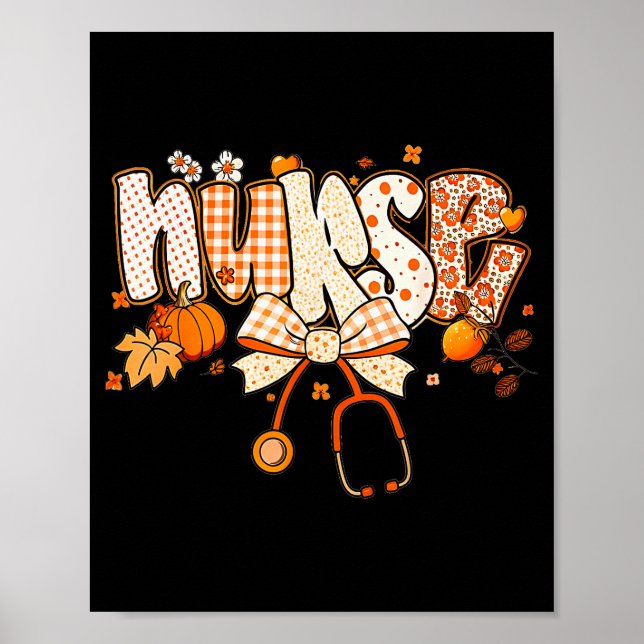 Retro Pumpkin Nurse Life Stethoscope Fall Autumn F Poster (Front)