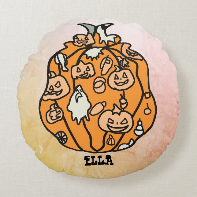Retro Pumpkin Spooks and Halloween Treats Round Pillow (Front)