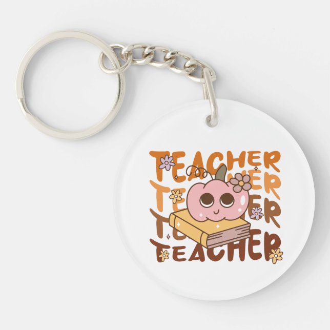 Retro Pumpkin Teacher Halloween Fall  Keychain (Front)