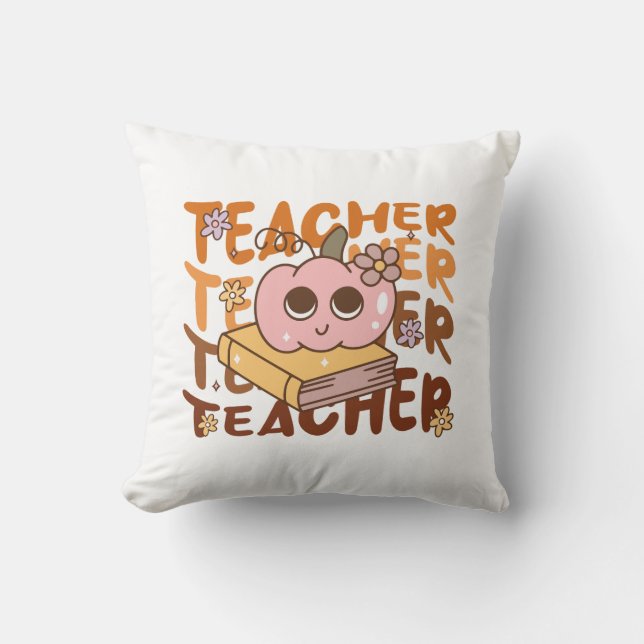 Retro Pumpkin Teacher Halloween Fall  Throw Pillow (Front)