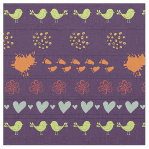 Retro purple and colourful pattern of birds, dots, fabric