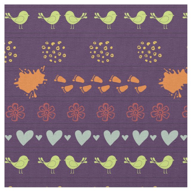 Retro purple and colourful pattern of birds, dots, fabric (Close Up)