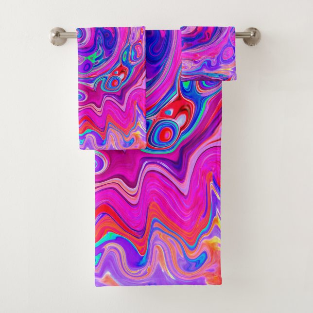 Retro Purple and Orange Abstract Groovy Swirl Bath Towel Set (Insitu)