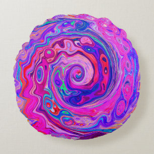 Retro Purple and Orange Abstract Groovy Swirl Round Pillow