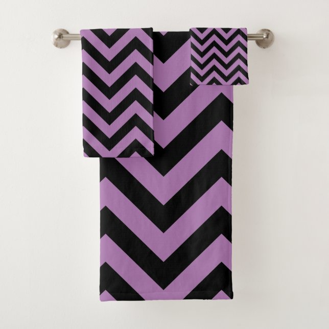 Retro Purple Black Stripes Art Deco Bath Towel Set (Insitu)