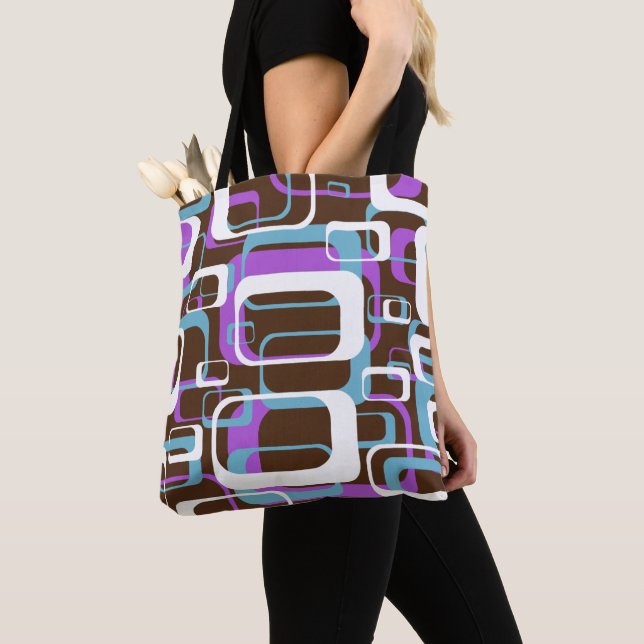Retro Purple Brown 60s Pattern Tote Bag (Close Up)