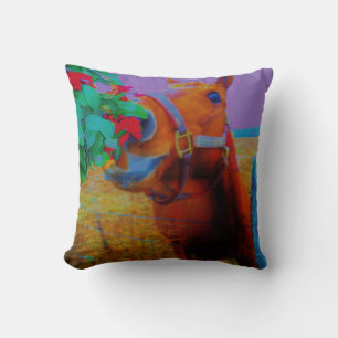 Retro Purple, Brown Horse,Christmas Mistletoe Throw Pillow