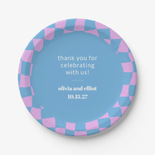 Retro Purple Chequerboard Custom Couples Shower Paper Plate