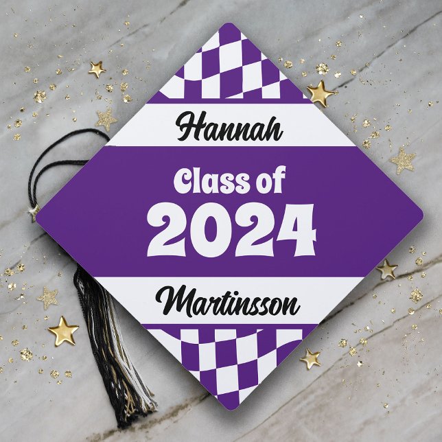 Retro Purple Chequered Class of 2024 Graduation  Cap Topper (Purple and white checkered Class of 2024 retro-style graduation tassel topper)
