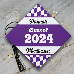 Retro Purple Chequered Class of 2024 Graduation Cap Topper