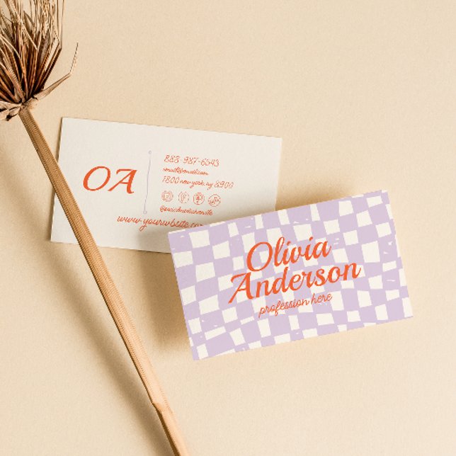 Retro Purple Colourful Hand Drawn Chequered Groovy Business Card (Creator Uploaded)