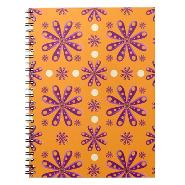 Retro Purple Flowers on Orange Background Notebook (Front)