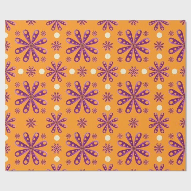 Retro Purple Flowers on Orange Background Wrapping Paper (Flat)