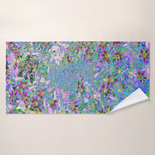 Retro Purple, Green and Blue Wildflowers on Pink Bath Towel (Bath Towel)
