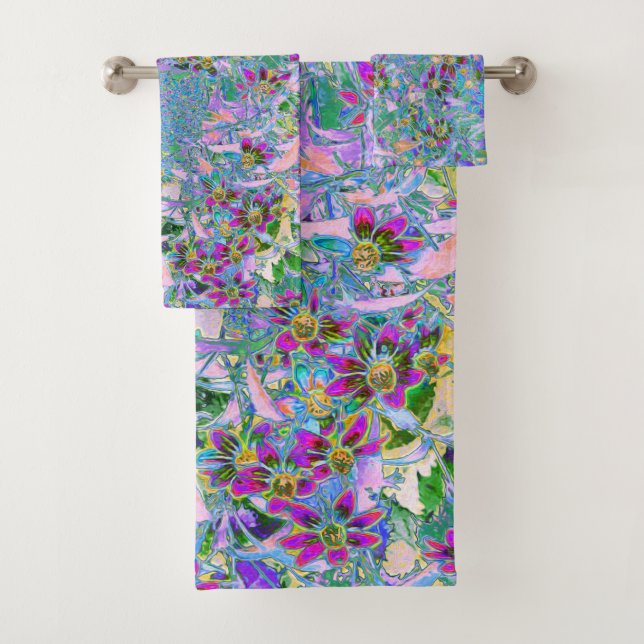 Retro Purple, Green and Blue Wildflowers on Pink Bath Towel Set (Insitu)