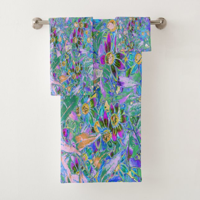 Retro Purple, Green and Blue Wildflowers on Pink Bath Towel Set (Insitu)