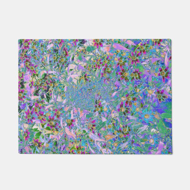 Retro Purple, Green and Blue Wildflowers on Pink Doormat (Front)