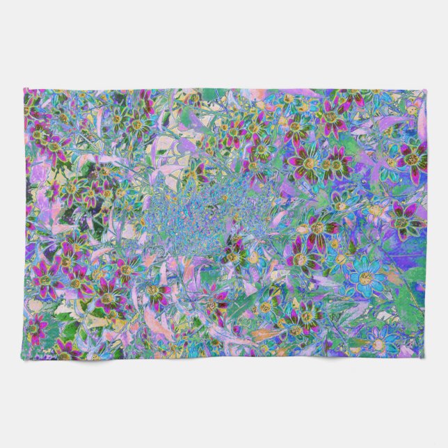 Retro Purple, Green and Blue Wildflowers on Pink Kitchen Towel (Horizontal)