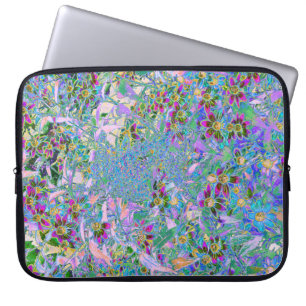 Retro Purple, Green and Blue Wildflowers on Pink Laptop Sleeve