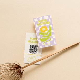 Retro Purple Green QR Code Groovy Checkered Floral Business Card
