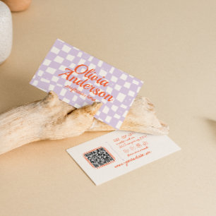 Retro Purple Hand Drawn Chequered Groovy QR Code Business Card