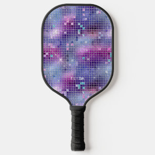 Retro Purple Pink and Blue Disco Mirror Monogram Pickleball Paddle
