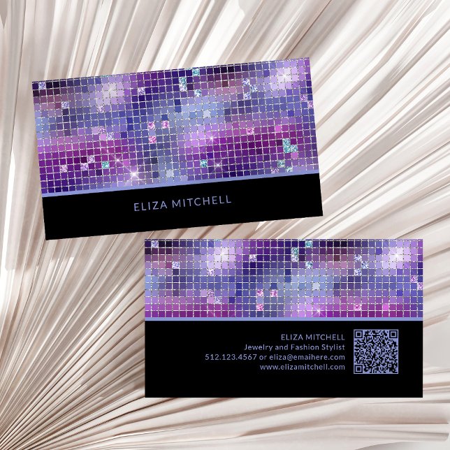 Retro Purple Pink Blue Disco Ball Mirror | QR Code Business Card (A glam, retro disco-inspired business card in purple, blue and pink with bold black and a QR code)