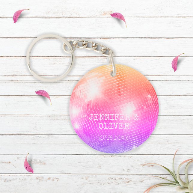 Retro Purple Pink Disco Ball Photo Wedding Favour Keychain (Creator Uploaded)