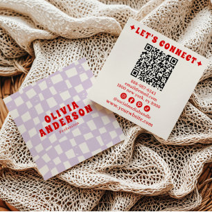 Retro Purple Red QR Code Groovy Chequered Boho Fun Square Business Card