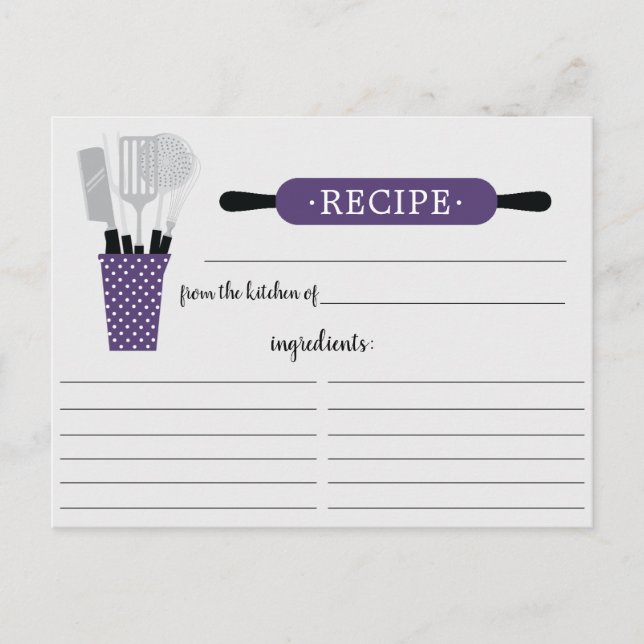 Retro Purple Rolling Pin Kitchen Tools Recipe Card (Front)