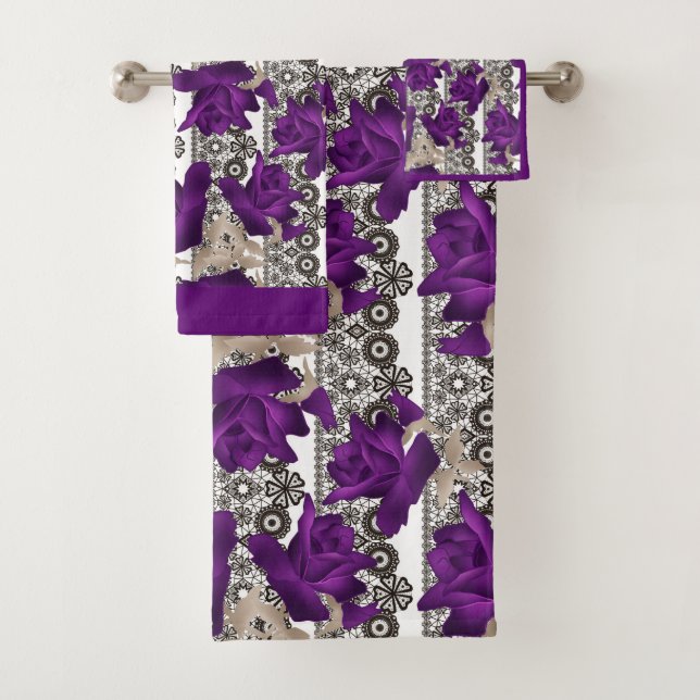 Retro, purple roses bath towel set (Insitu)