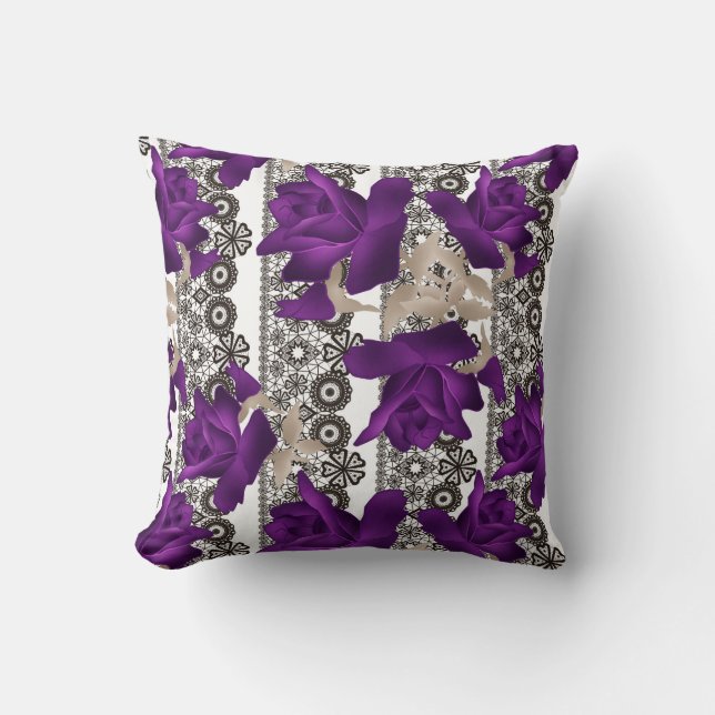 Retro, purple roses throw pillow (Front)