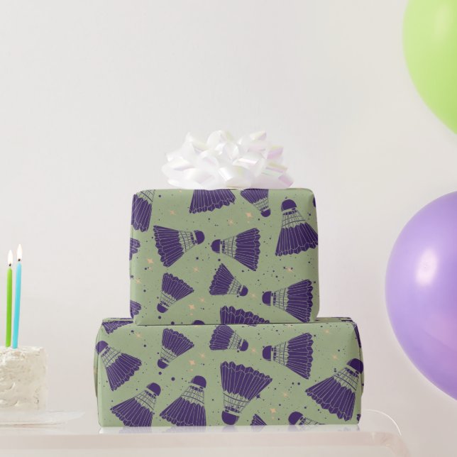Retro Purple Shuttlecock Pattern on Green  Wrapping Paper (Party Gifts)