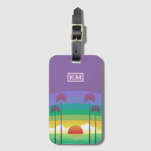 Retro Purple Sunset Palm Trees Art Monogram Luggage Tag