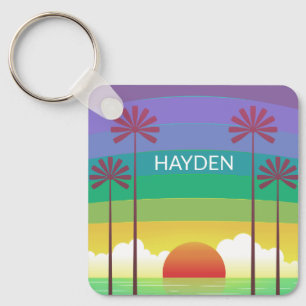 Retro Purple Sunset Palm Trees Art Personalised Keychain