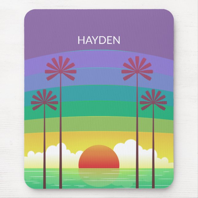 Retro Purple Sunset Palm Trees Art Personalised Mouse Pad (Front)