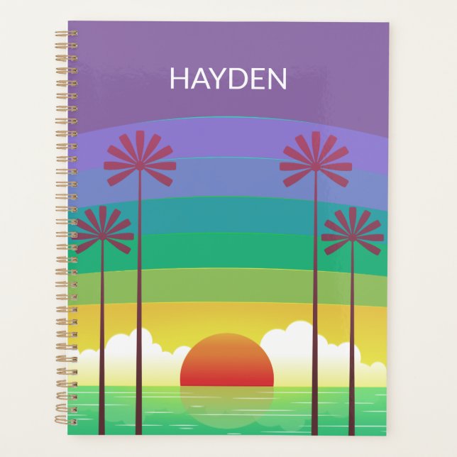 Retro Purple Sunset Palm Trees Art Personalised Planner (Front)