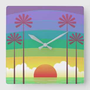 Retro Purple Sunset Palm Trees Art Square Wall Clock